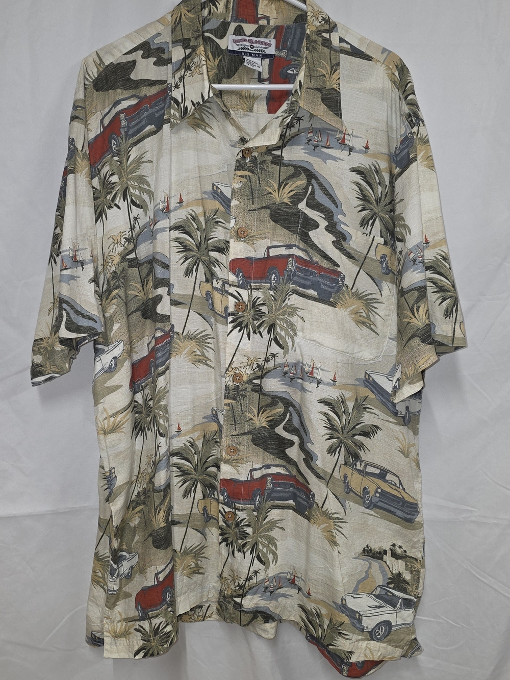 Resort-Print Short Sleeve Button-Down Shirt - Beige Tropical Cars